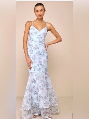 NWT Lulus Pure Splendor Light Blue Floral Organza Trumpet Maxi Dress, XS
